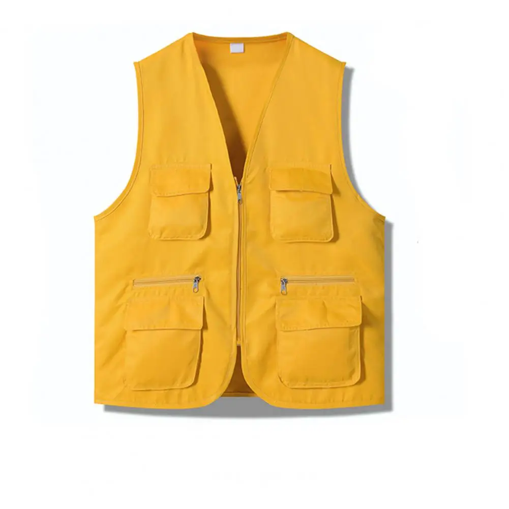 Women Men Work Waistcoat Solid Color O V-neck Zipper Placket Vest Jacket Outdoor Fishing Hiking Vest Jacket Casual Cargo Coat