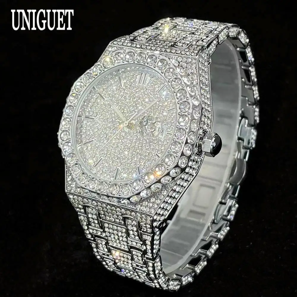 

UNIGUET Fashion Iced Out Watch Mens Luxury Waterproof Quartz Watch For Man Hip Hop High Quality Big Diamond Wristwatch Hot Sale