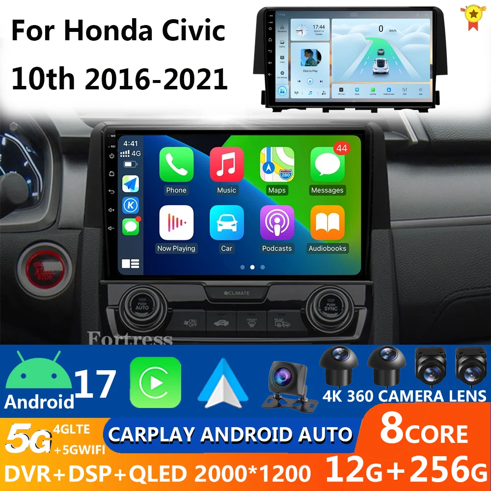 For Honda Civic 10th 2016 2017 2018 2019-2021 Android 17 Carplay Auto Car Radio Multimedia Video Player Navigation GPS 4G WIFI