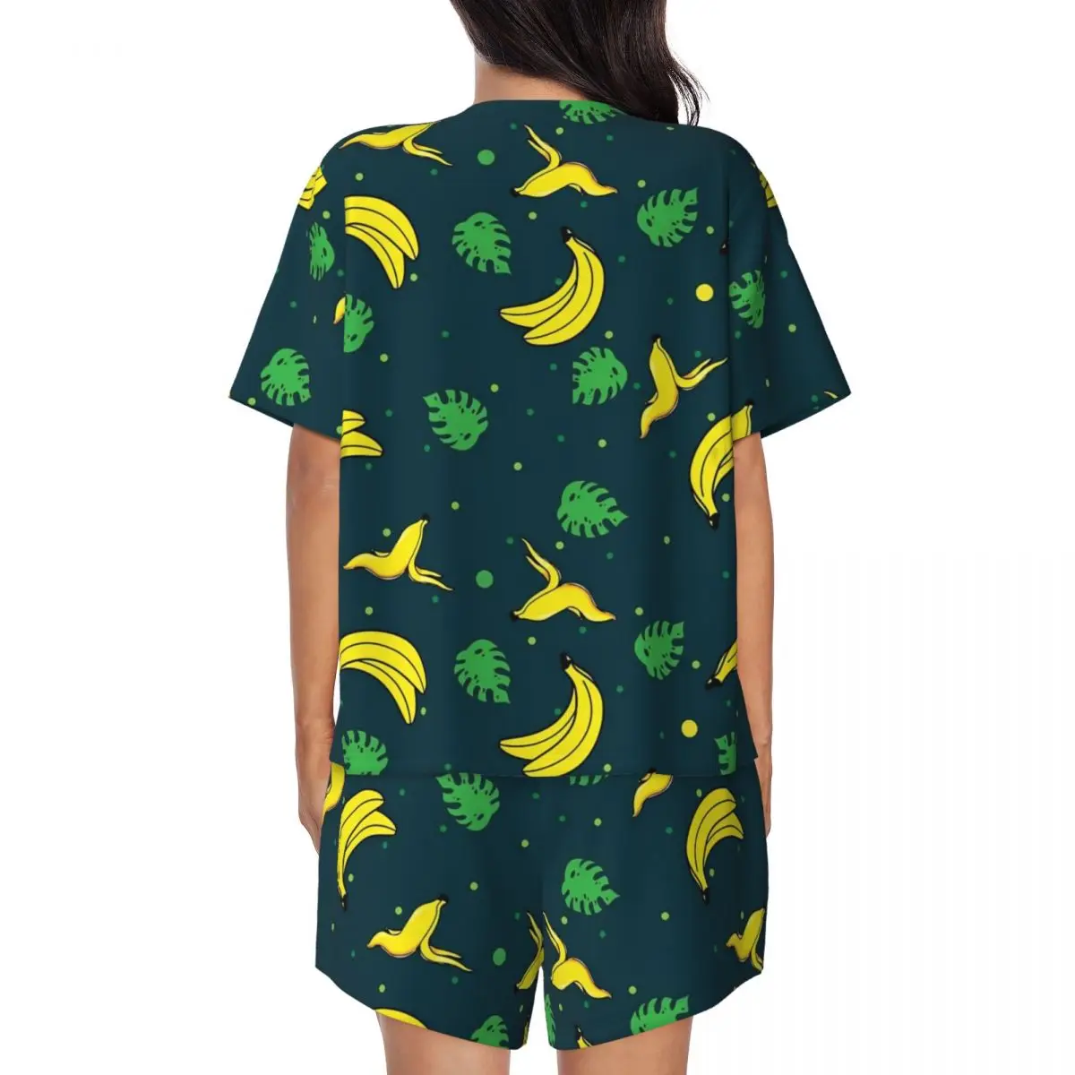 Banana Print Pajamas Women Green Leaves Kawaii Nightwear Summer Short Sleeve 2 Pieces Bedroom O Neck Graphic Pajamas Set