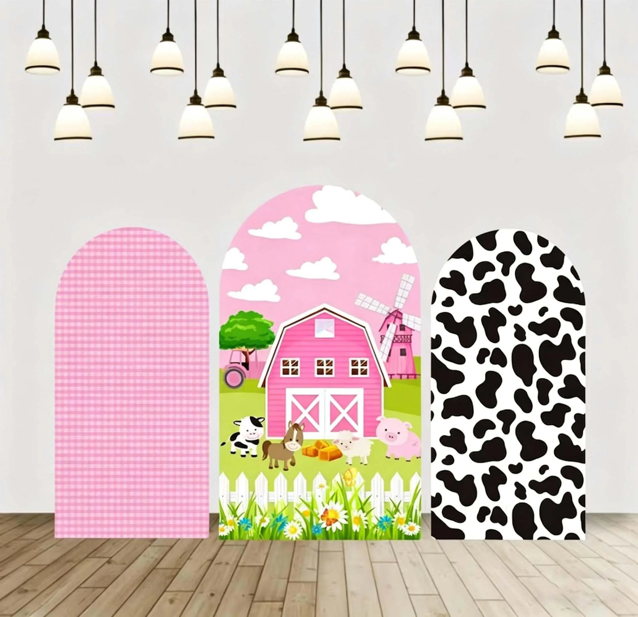 Custom 2-Side Farm Birthday Party Arch Backdrop Covers Cow Print Pink plaid White Cloud Flowers Bridai Shower Decor Background