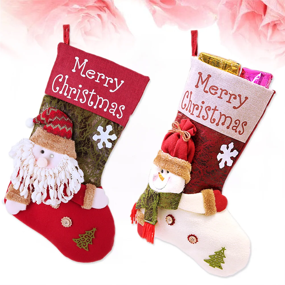 

2Pcs Christmas Stockings Santa Snowman Pattern Soft 3D Design Candy Gift Bag Hanging Xmas Decorations Christmas Gift Sock Bag