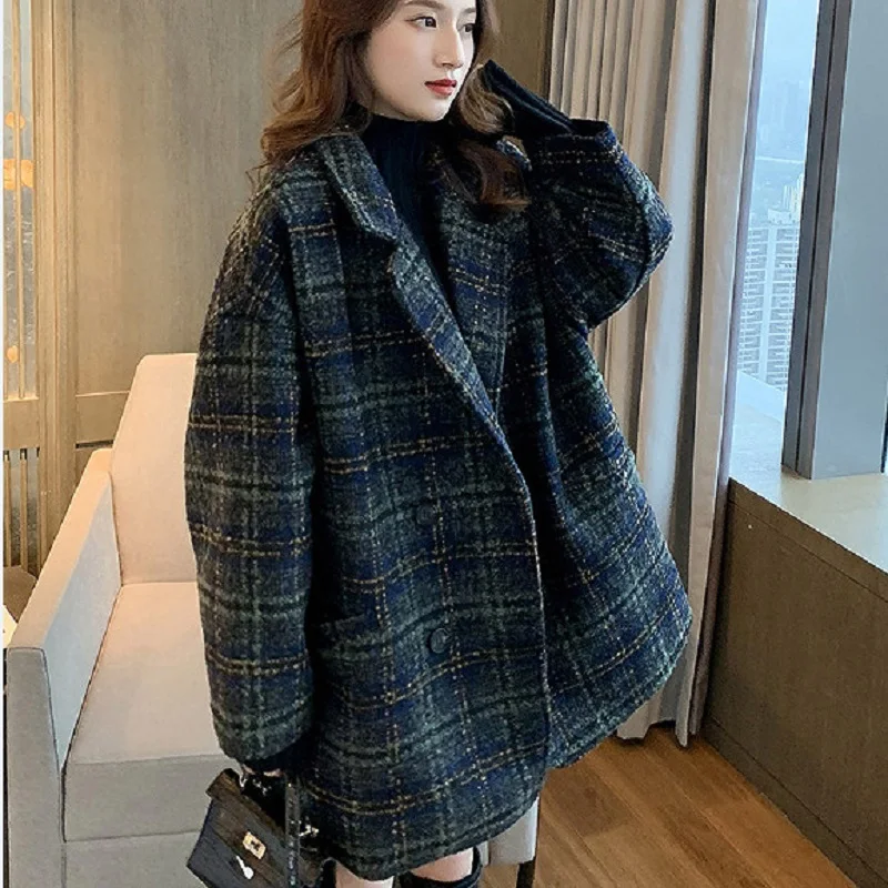 Harajuku Casual Coffee Color Suit Jacket Women 2024 Autumn Winter New Popular Small Plaid Tweed Medium Long Woolen Coat Trend