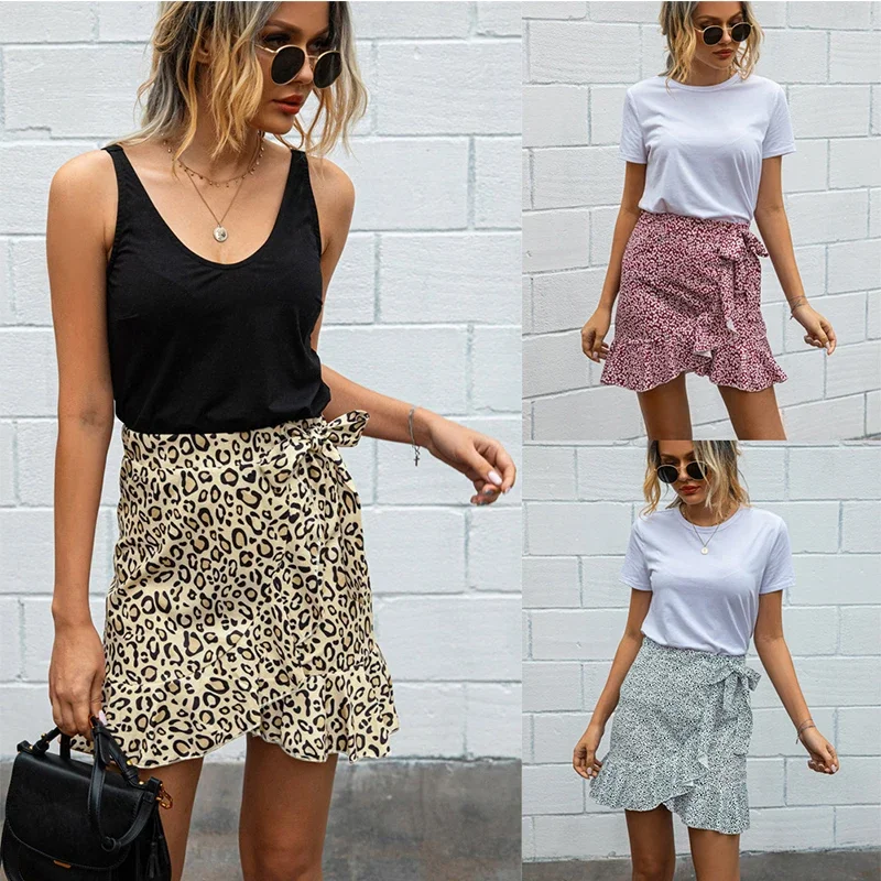 Dot Print Short Mini Skirts Women Summer Ruffle High Waist Bow Tie Skirt Ladies Slim Streetwear