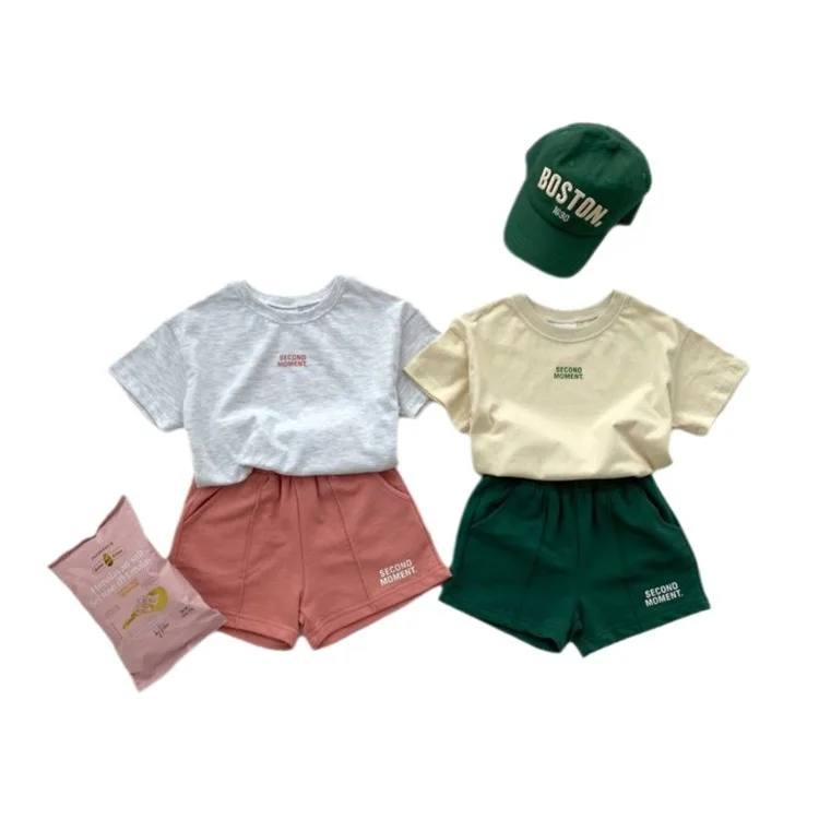 2024 Summer New Children Short Sleeve Cotton Set Boys Letter Print T Shirts Girls Casual Versatile Shorts 2pcs Suit Kids Outfits