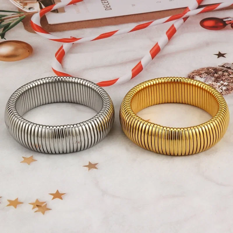 Waterproof Stainless Steel Texture Flex Snake Chain Cuff Bracelet  Retro Elasticity Thick Metal Polish 18K Gold Plated Bangle