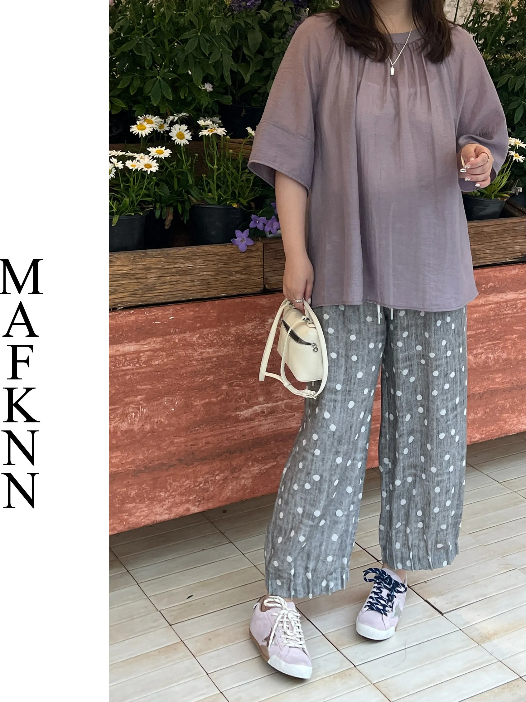 

JiJi Private Label Casual Pants Silk Linen Polka Dot Elastic Waist Belted plus Size Summer Straight Leg Trousers Korean Style