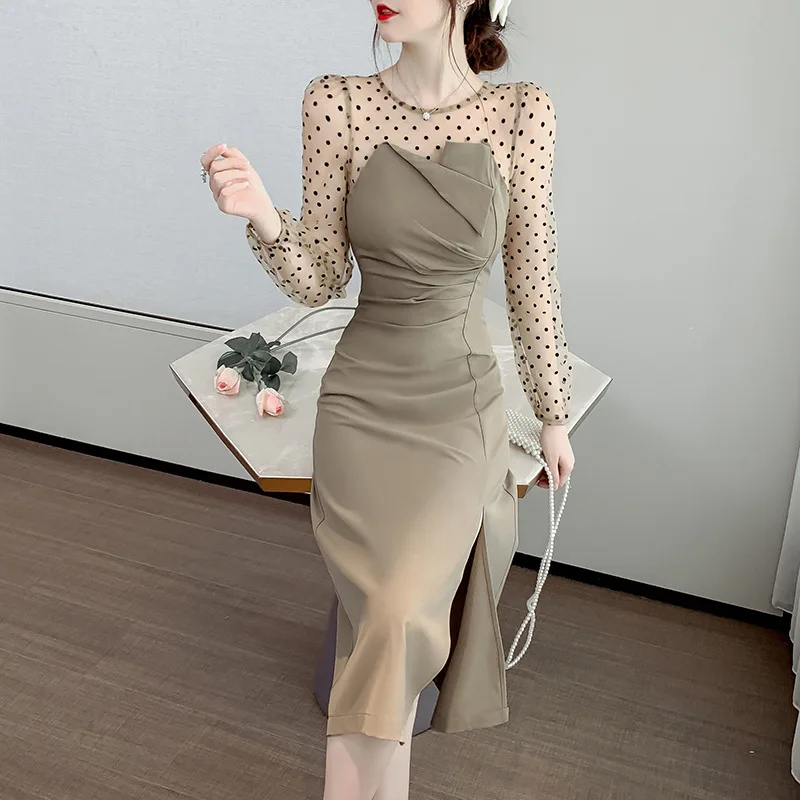 Spring Autumn New Round Dot Mesh Splicing Dress For Women Temperament Commuting O-Neck Long Sleeved High Fork Mid-Calf Dresses