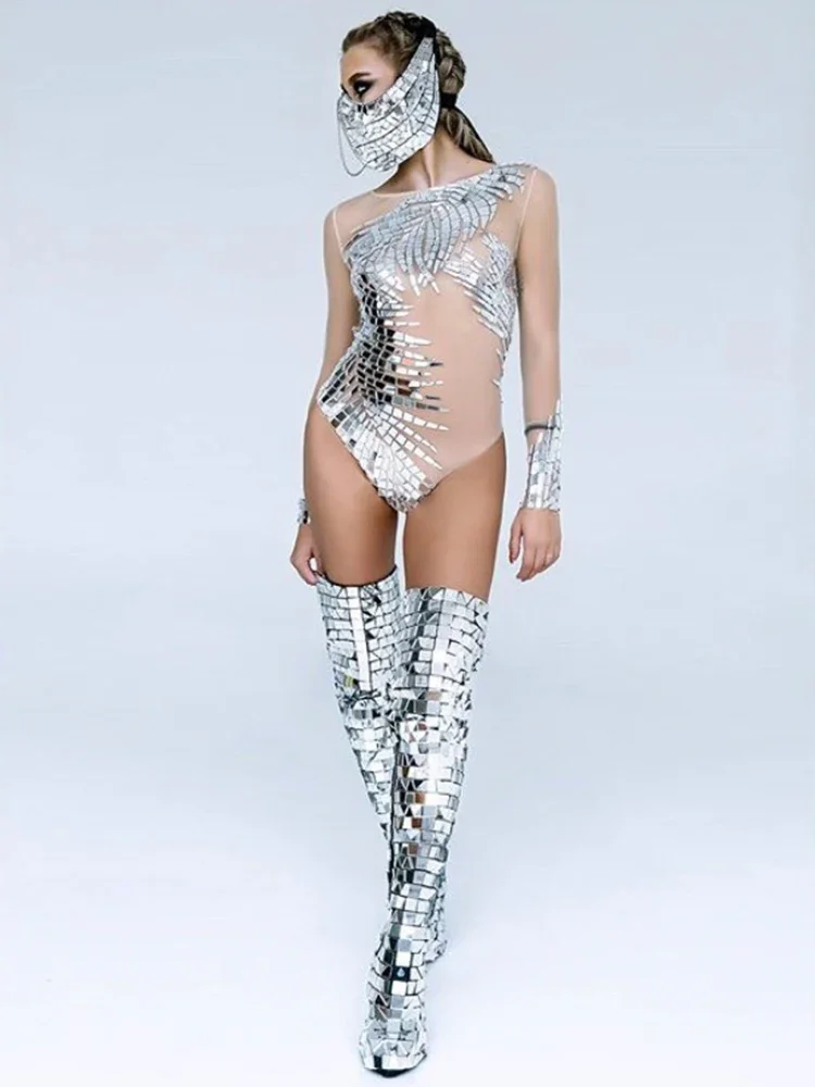 

2025 Female Silver Mirror Sequins Bodysuit Headwear Accessories Nightclub Gogo Dance Costume Nightclub Pole Dancing Clothes yj90