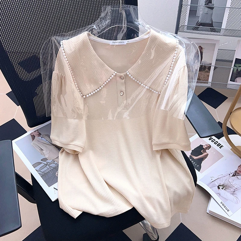 

plus Size Knitted ort Sve T-irt Women's Summer Loose Fit Doll Collar Top Korean Sle Cotton Polyester Blend