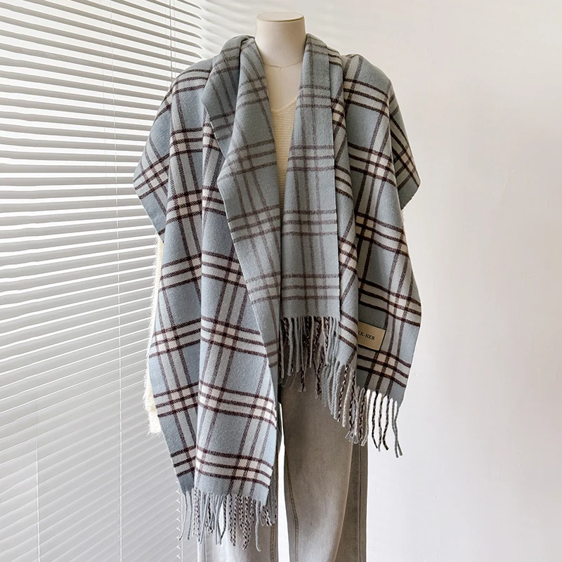 وشاح منقوش مخطط من الكشمير المقلد للنساء الدافئ - شال بتصميم جاكار سميك بسيط لخريف وشتاء