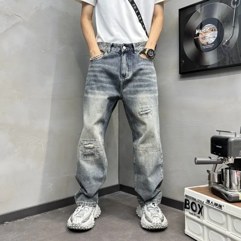 

New 2026 Straight-leg Pants Washed Autumn and Winter Jeans Loose Trend Men's Ripped Pants Cat Whisker Baggy Cargo Men's Pants