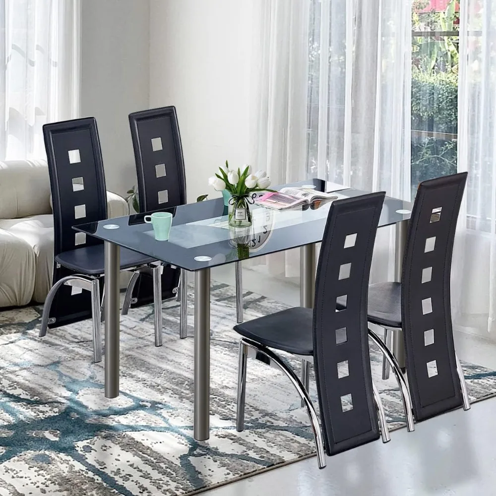 

Dining Table Set for 4, Small Tempered Glass Dining Room, Kitchen Table and Chairs for Small Spaces, Dining Table Set