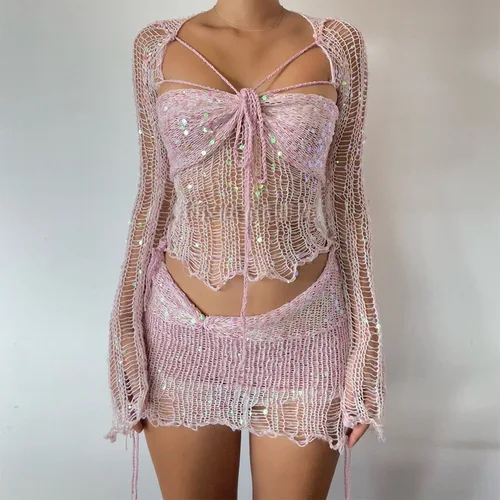 Trajes de falda de rejilla sexis para playa para mujer, Tops de tubo de manga larga con cordones calados y minifalda envolvente a la cadera, conjunto de 2 piezas