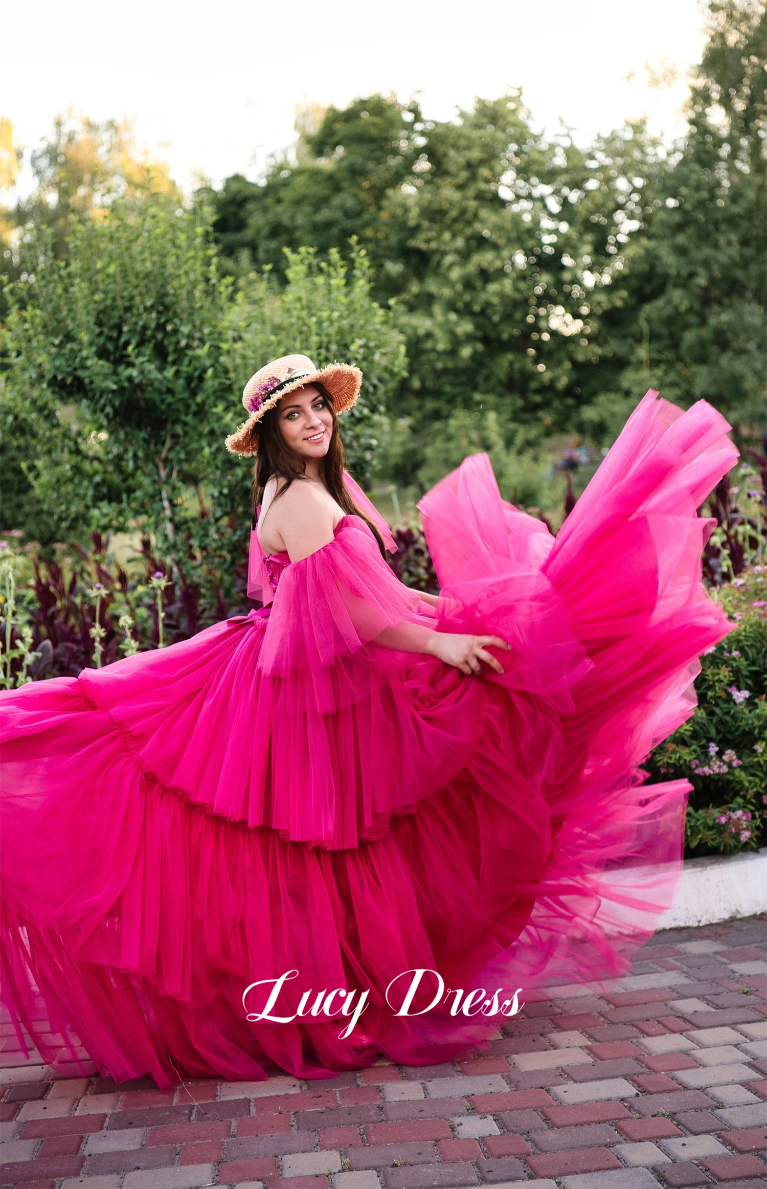 Lucy-vestido de graduación rosa roja para mujer, vestido de fiesta de cumpleaños en capas, línea A, malla de lujo, elegante, vestidos de noche para mujer