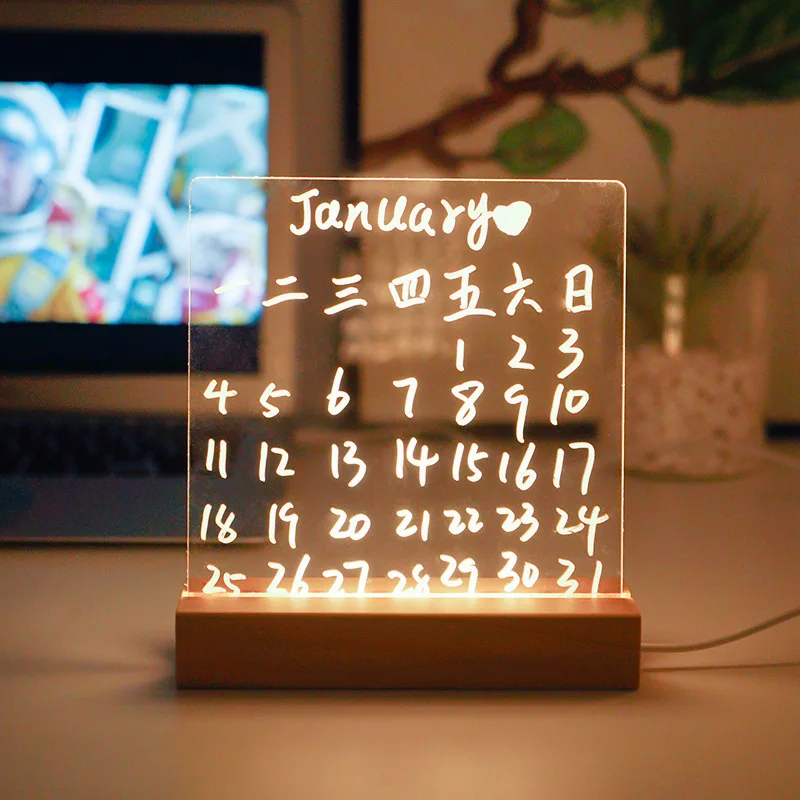 Placa de nota transparente acrílica, Placa de mensagem emissor de luz LED, lembrete apagável Memo Home, lâmpada decorativa USB