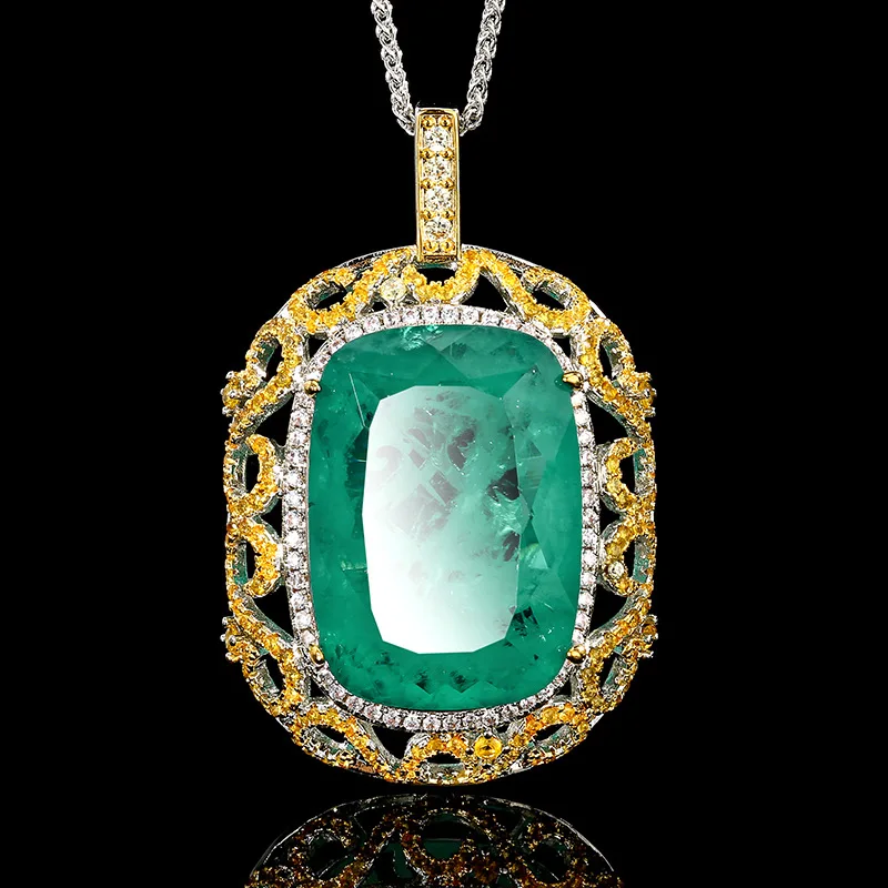 

Vintage Rectangular Colored Gemstone Pendant Necklace Yellow White Diamond Accented Big Statement Jewelry for Women Gift