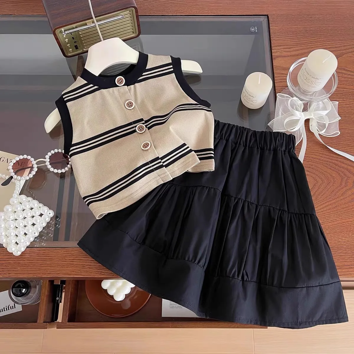 Girls' Korean Style Cotton Striped Sleeveless Vest and Puffy Skirt Summer New Girls' Casual Kids 2 Piece Set