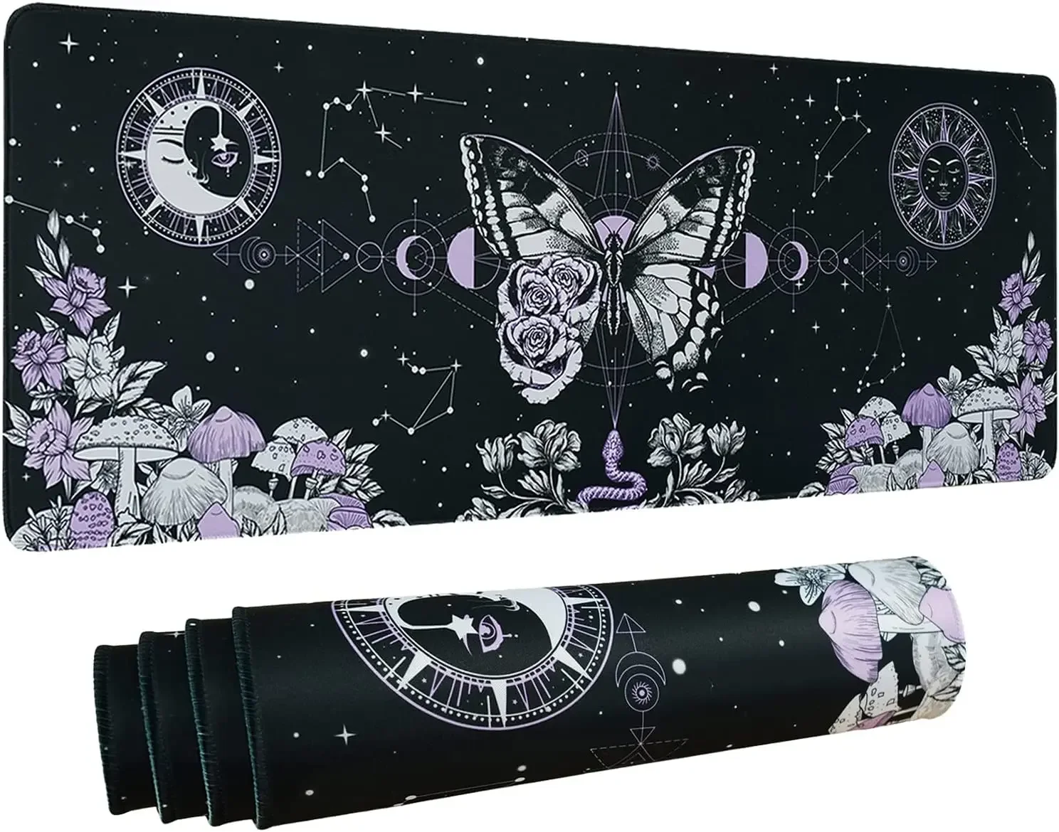 Alfombrilla de ratón estética mariposa gótica para juegos, XL, Trippy Seta, Luna, Galaxia, negro, Morado, largo, escritorio grande, 31,5X11,8 pulgadas