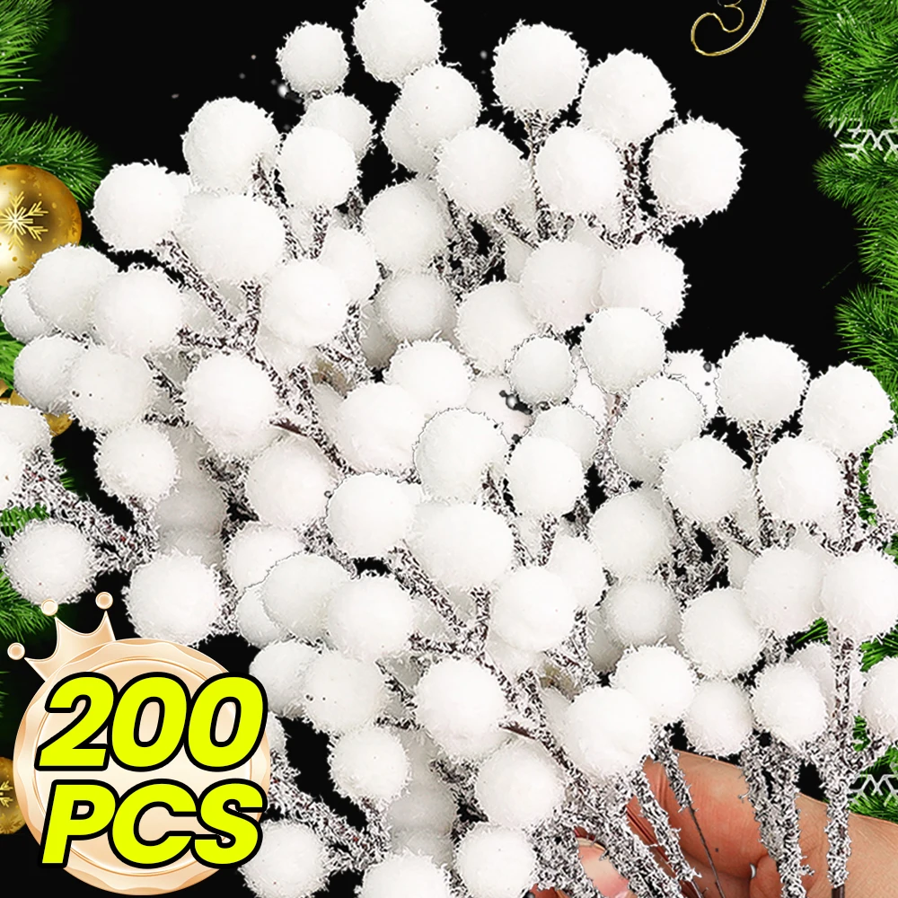 200/5PCS Christmas Snow Tipped Berry Branches Artificial White Berries Fake Flower DIY Wreath Xmas Tree Wedding Party Decoration