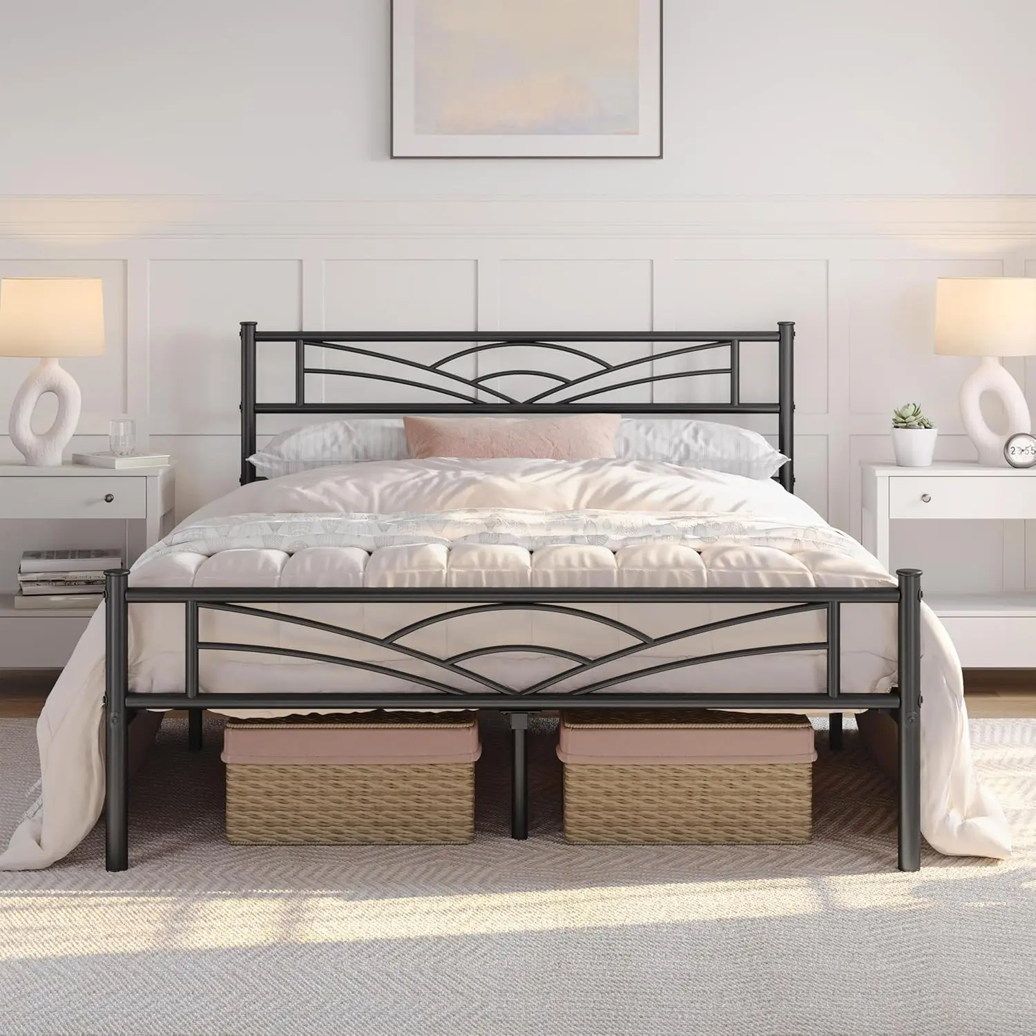 

Full Size Metal Platform Bed Frame with Cloud Design Headboard, Ample Under Bed Storage, No Box Spring Needed, Black