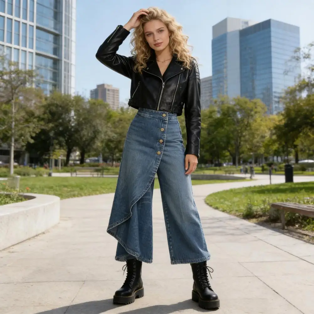 Women Pants High Waist Wide Leg Loose Fit Long Trousers Single Breasted Irregular Design Commuter Style Lady Pants
