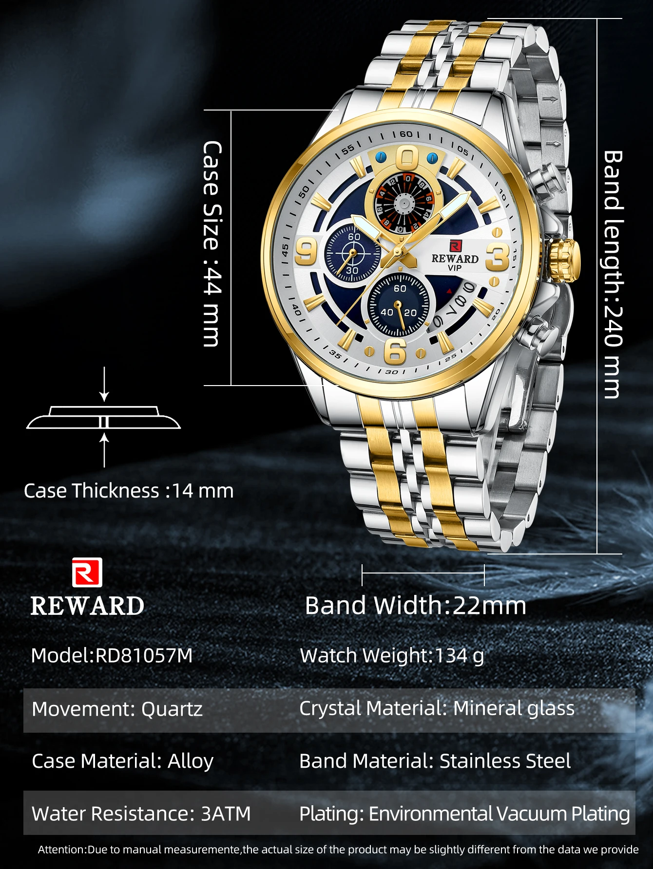 REWARD Design Quartz Wristwatch for Men Sport Waterproof Watches Stainless Steel Chronograph Luminous Wrist Watch