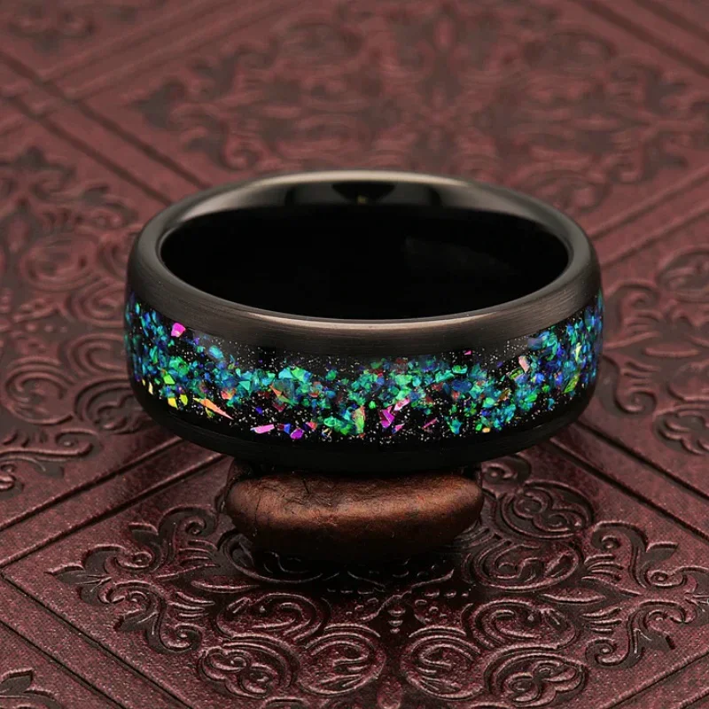 2024 Men's Black Stainless Steel Hard Alloy Ring, Galaxy Artificial Opal Layer, Dome, Polished, Bright, Christmas Gift