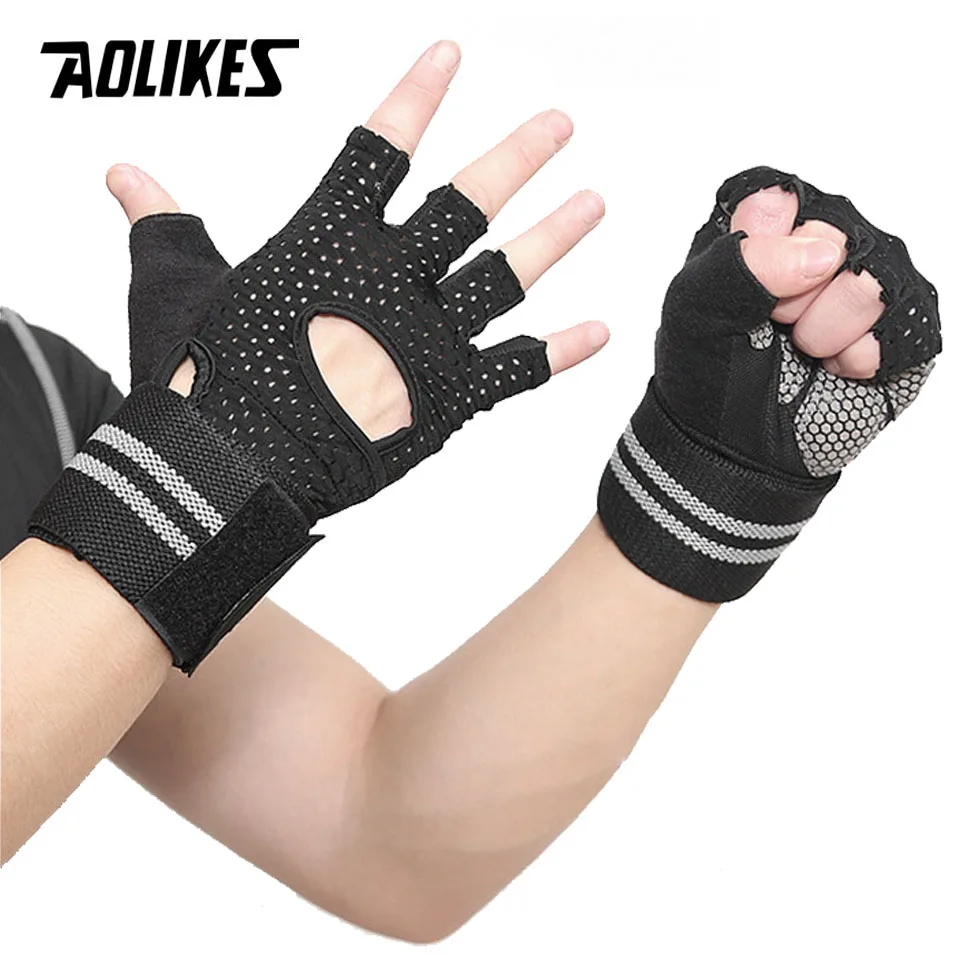 AOLIKES Fitness Gym Glove Men & Women Anti-Slip Silicone Grip Padded Weight Lifting Gloves with Wrist Wrap Crossfit Workout