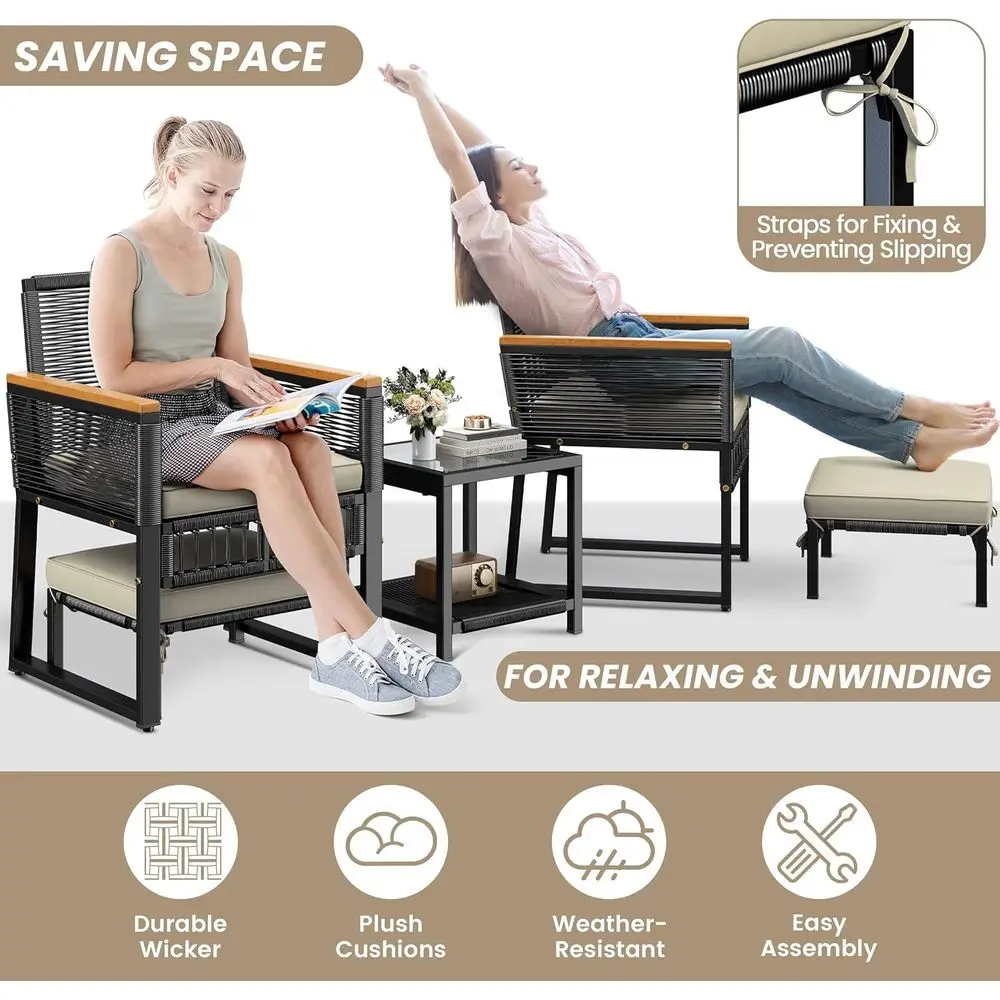 5-Piece Outdoor Wicker Patio Furniture Set with Rattan Armchairs, 2-Tier Side Table, Ottomans, and Acacia Wood Armrests for Back