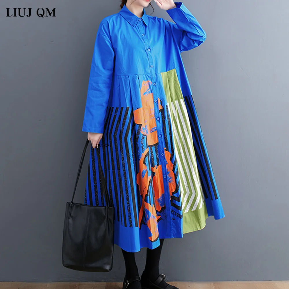 Large Size Long Sleeve Patchwork Vintage Print Stripe Dresses Women Loose Casual Shirt  Dress Elegant Clothing Spring Autumn