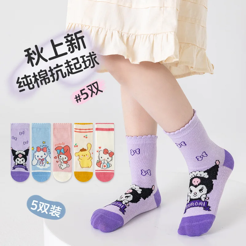 Kaus kaki anak-anak Sanrio Hello Kitty 5 pasang kaus kaki katun kaus kaki setengah betis kartun musim gugur musim dingin baru kaus kaki untuk anak perempuan