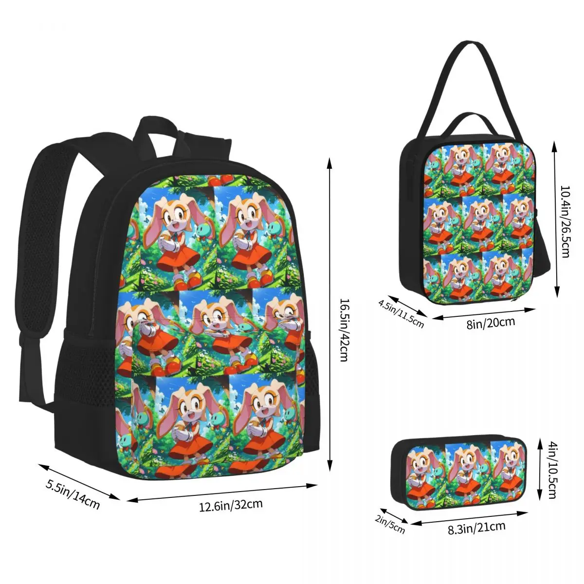 Cream The Rabbit Sonic The Hedgehog Backpacks Kids Bookbag School Bags Rucksack Lunch Bag Pen Bag Three-Piece Set