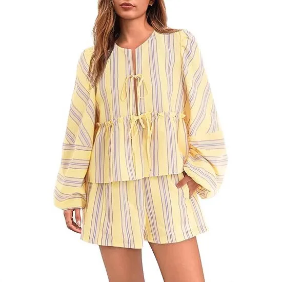 

Fashion Lace Up Ruffle Edge Top Shorts Set With Striped Printed Long Sleeved Women's Temperament Long Sleeved Top Shorts Set