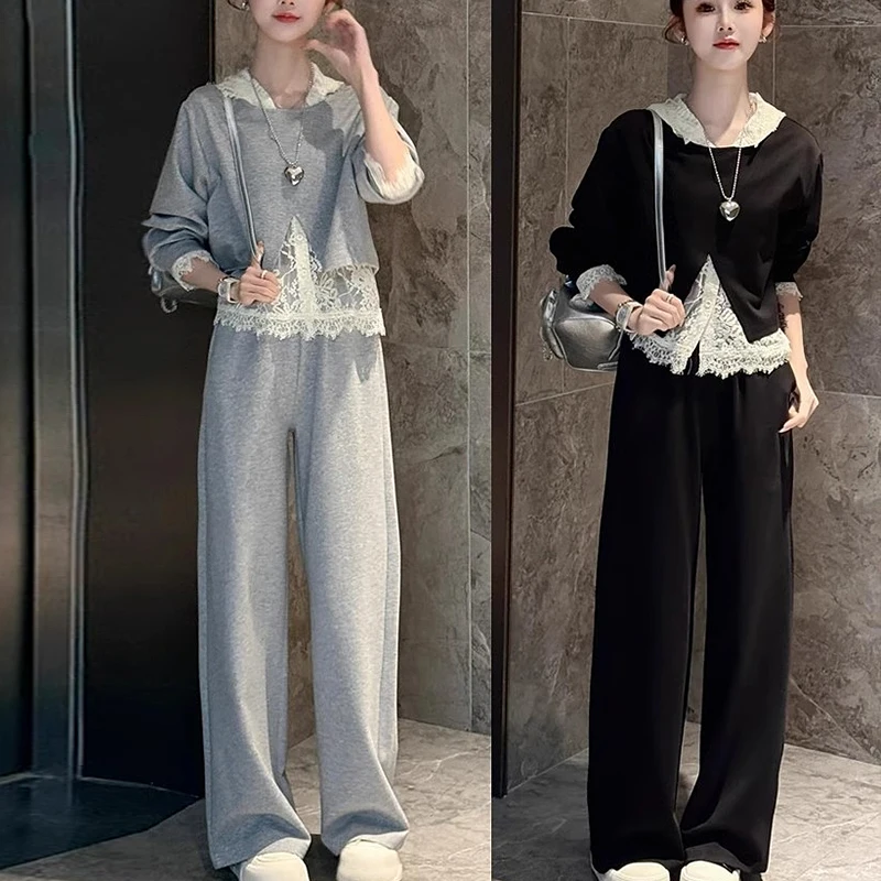 Lace Hooded Back Split Casual Wide Leg Pants Three Piece Set Korean Style Lazy Autumn New Arrival Women's Fashion Ensemble