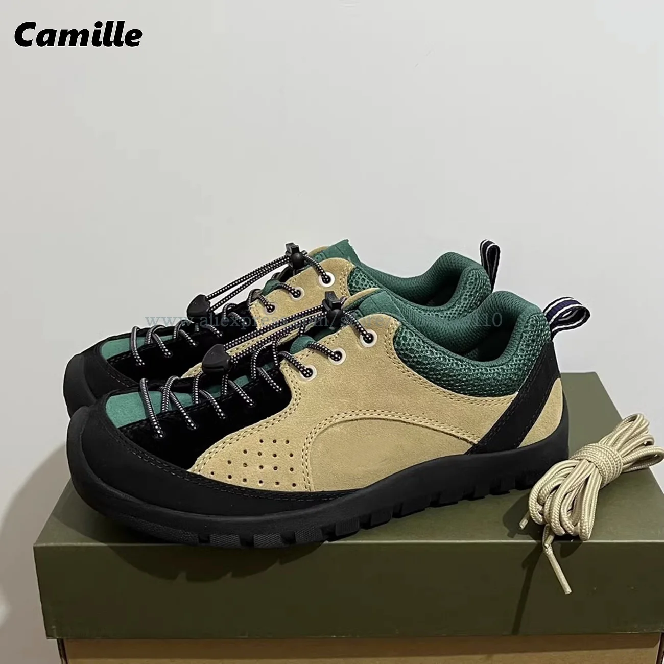 Mixed Color Sheep Suede Front Drawstring Sneakers All-Match Waterproof Hiking Shoes Air Mesh All-Match Non-slip Casual Shoes