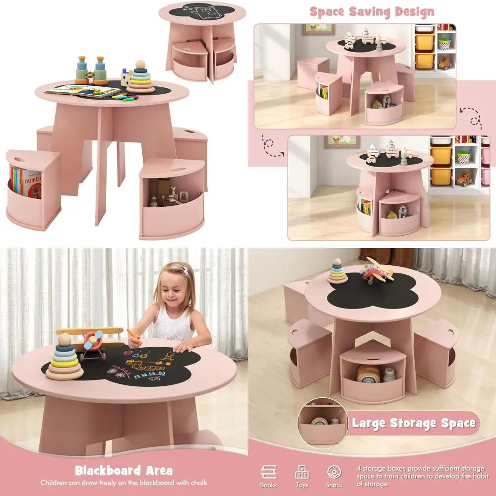 

Pink Wooden Flower Nesting Table Set with 4 Storage Stools, Multi-Activity Art Craft Table for Kids 3+