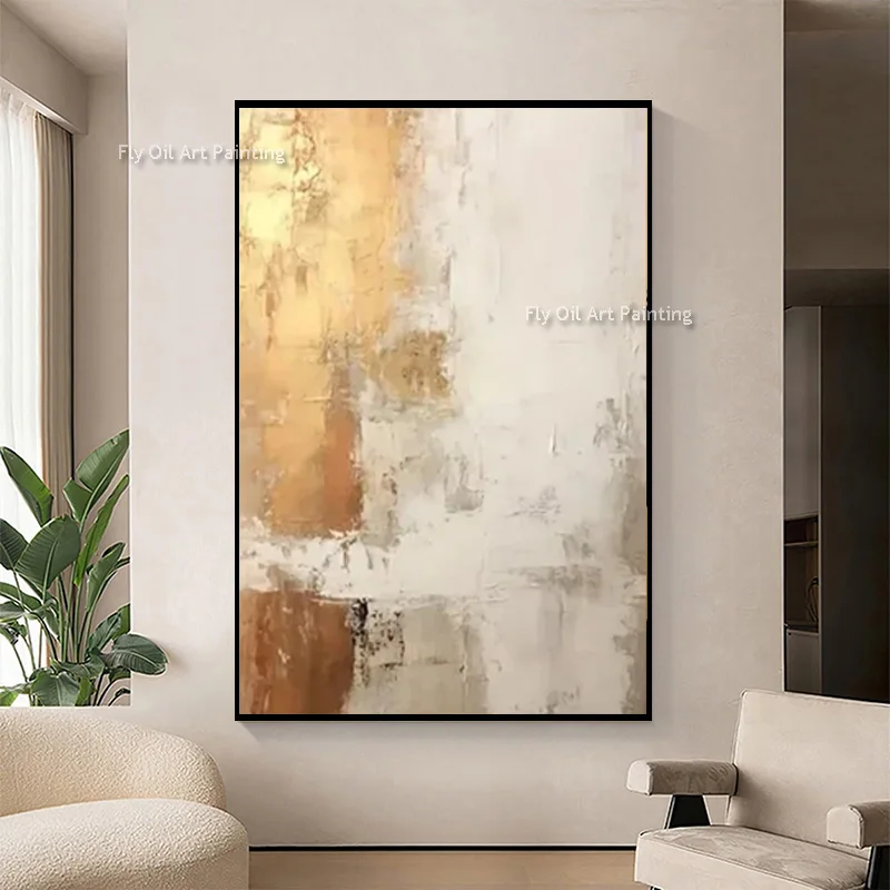 

Большая картина маслом ручной работы на холсте, бежевого и золотисто-желтого цветов, для декора комнаты, оригинальный дизайн, абстрактный набор из двух картин для стен, в подарок.