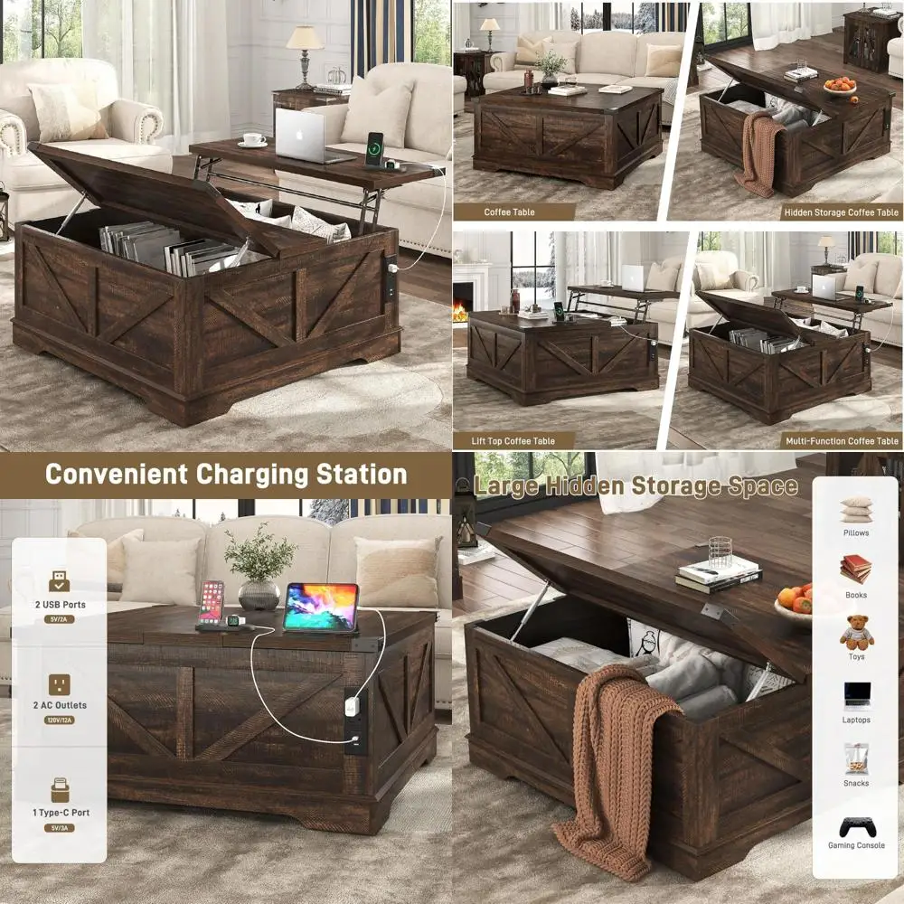 Large Square Farmhouse Style Coffee Table with Lift Top, Power Outlets, and Ample Hidden Storage for Living Room, Multi-Function