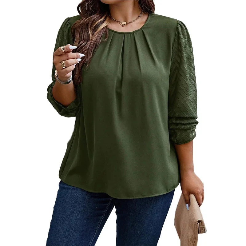 Women\'s Plus Size Solid Round Neck Mesh Patchwork Long Sleeved T-shirt Temperament Casual Commuting Versatile Fashion T-shirt