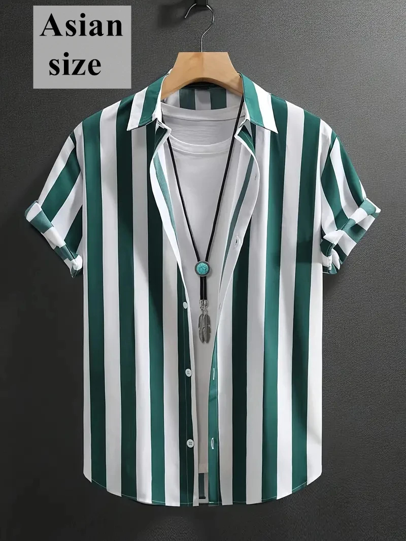 Unisex Lapel Short Sleeve Shirt Green White Vertical Stripe Print Loose Daily Outdoor Vacation Button Casual Tops