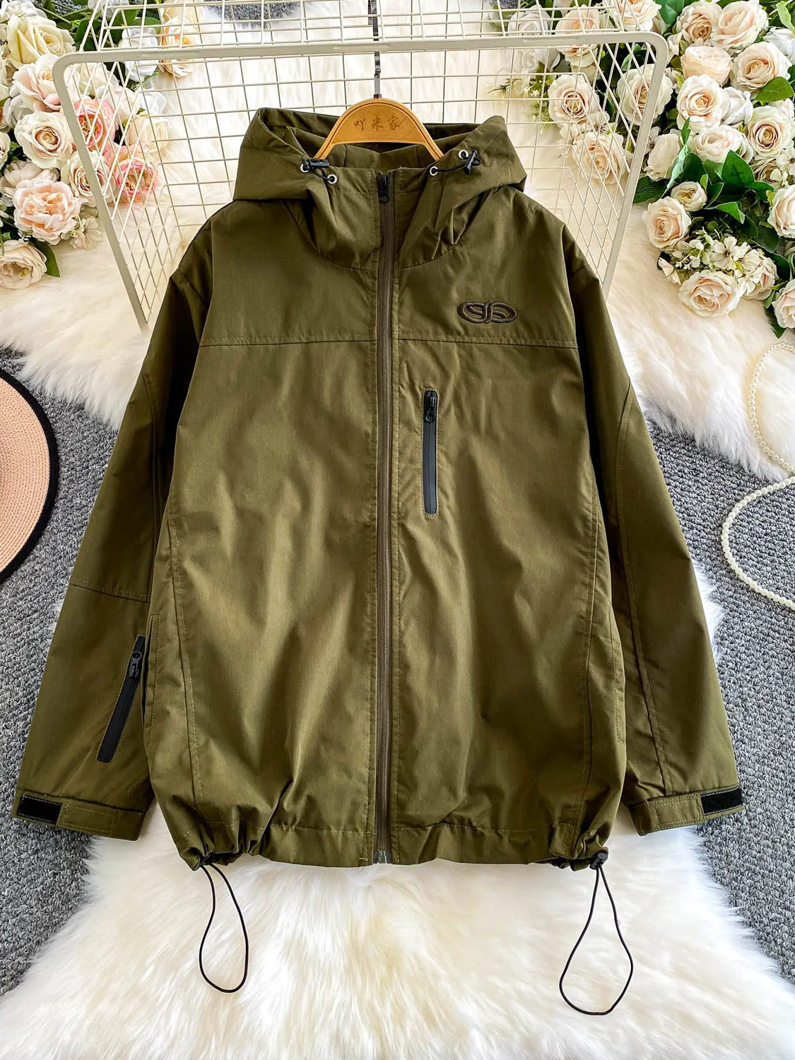 

Women's Casual Loose Fit Hooded UV Protection Windbreaker Jaet Dstring Workwear Top Zipper Slimming Autumn Design