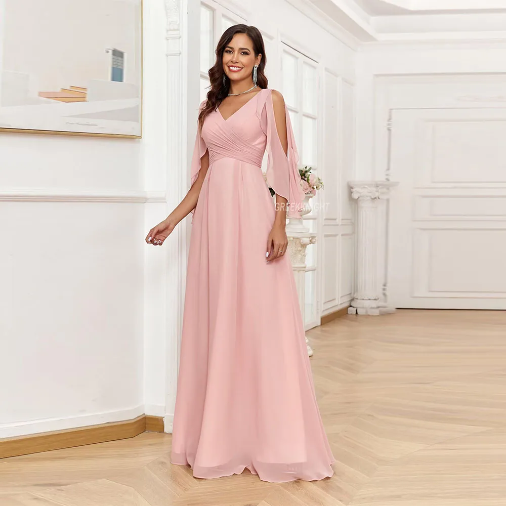 

Customized Elegant Cold Shoulder Bridesmaid Dresses with Sleeves for Women V Neck Chiffon A Line Pleated Formal Evening Gown