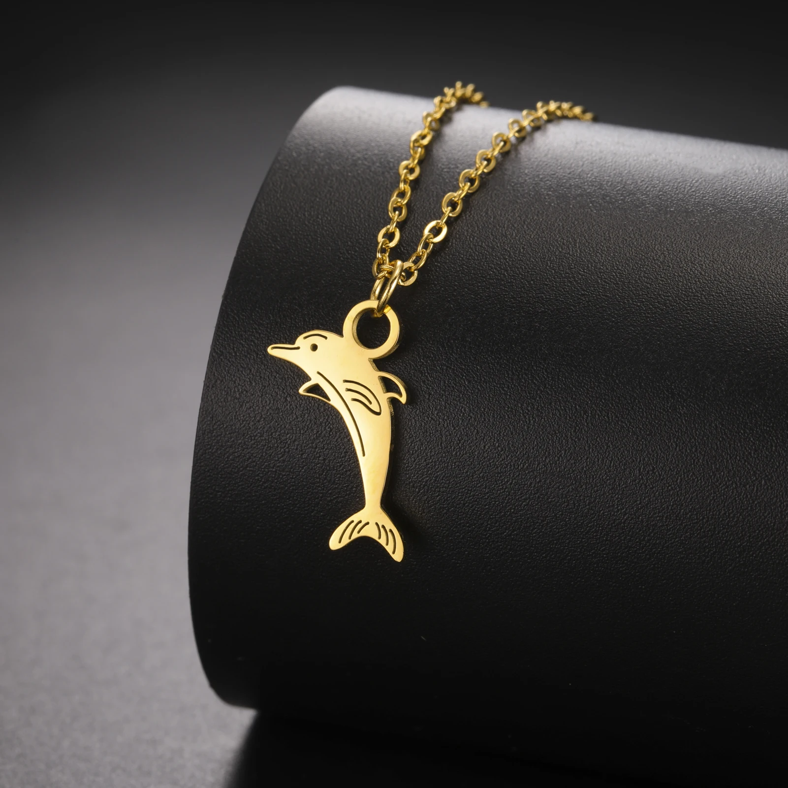 Fishhook Dolphin Necklace Ocean Sea Fish Gift For Woman Men Kid Child Gold Color Pendant Stainless Steel Chain Jewelry New