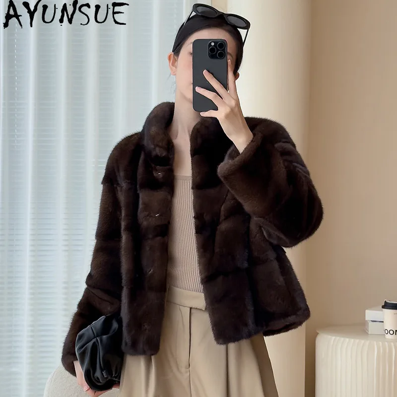 AYUNSUE Natural Mink Fur Jacket Woman Stand Collar 2025 Real Fur Jackets for Woman Clothing High Quality Whole Mink Шуба Женская
