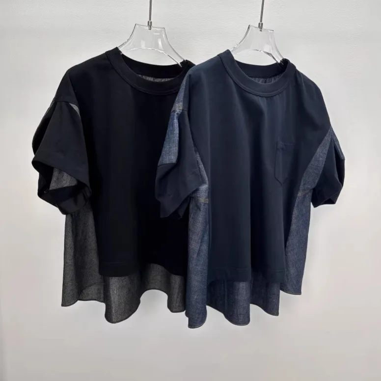 2026 Early Spring New Japanese Asymmetrical Color Block T Shirt Casual Loose Short Sleeve Top