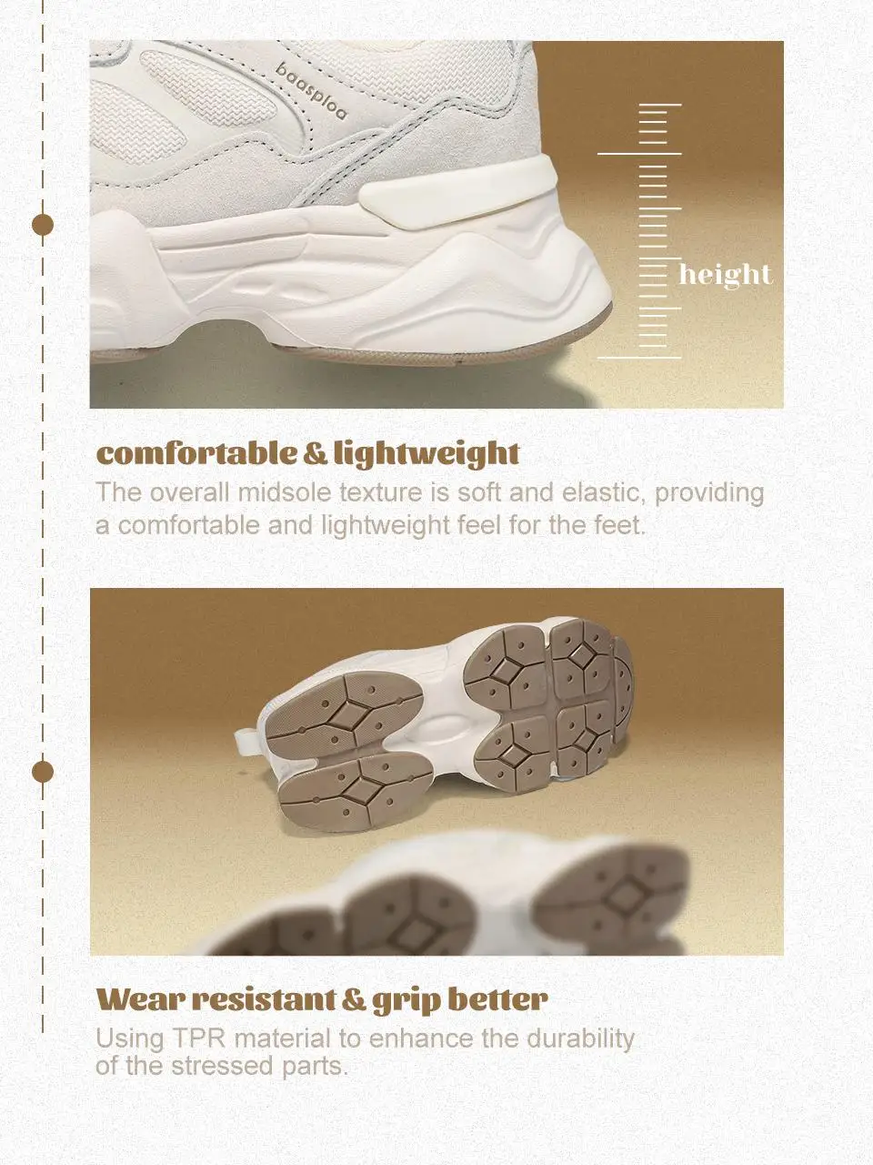 Baasploa Frauen Casual Schuhe Komfort Leder Walking Turnschuhe Für Frauen Einfarbig Mode Sport Schuhe Non-Slip Höhe Erhöhen – Detail 7
