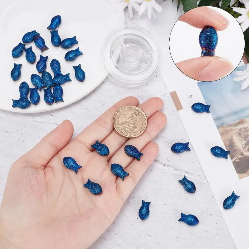 1 Box 50Pcs Fish Beads Sea Ocean Animal Electroplated Glass Bead Carved Frosted Blue Beads for Jewelry Making Elastic Thread view 3
