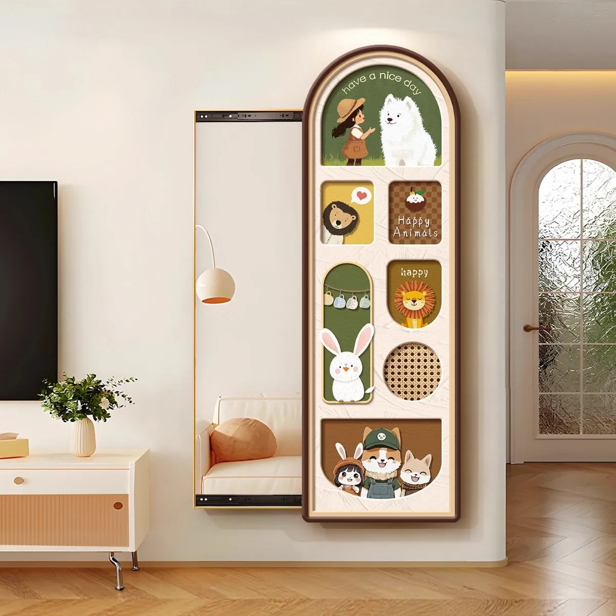 Medieval style puppy hidden push-pull full body mirror decorative painting wall hanging full-length mirror porch invisible