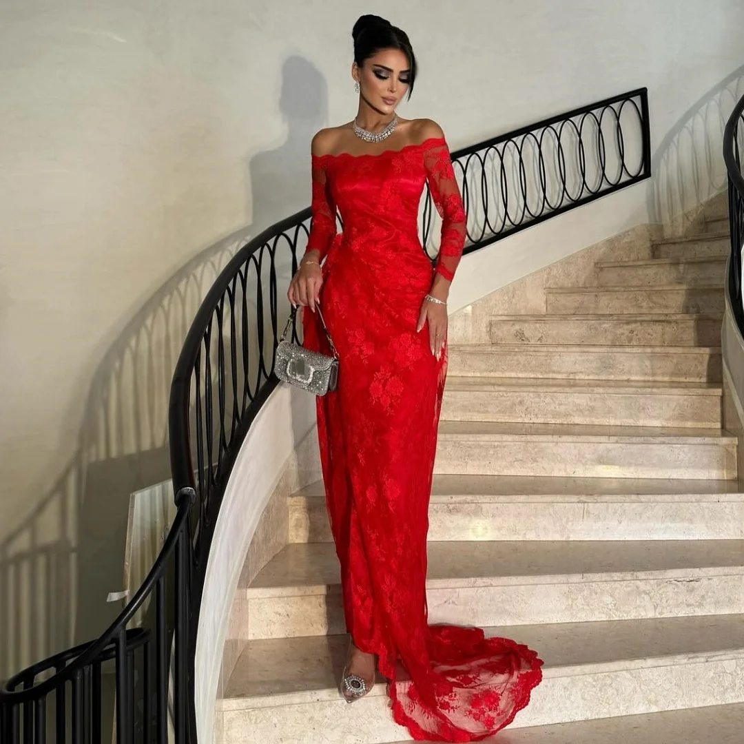 

Red Mermaid Evening Dresses Woman Lace Long Sleeves Prom Dress with Slit Arabic Wedding Party Gown Customized